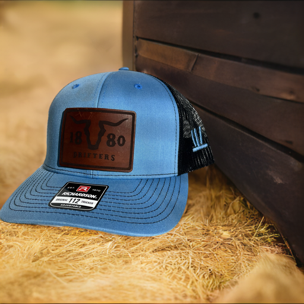 Blue/Black Richardson 112 Snapback with leather patch