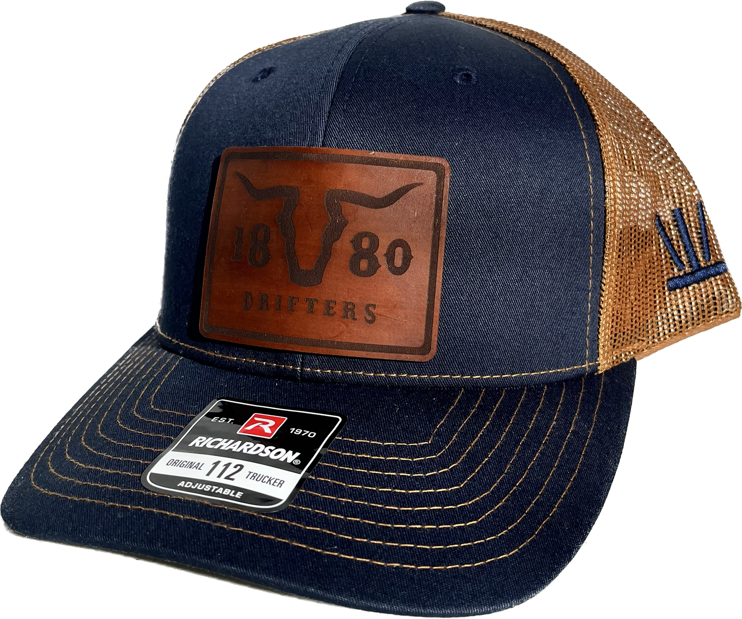 Navy/Caramel Richardson 112 Snapback with leather patch