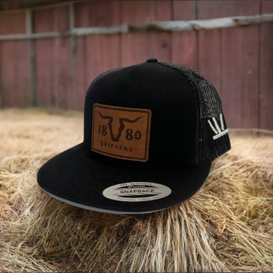 Black Flat Bill Snapback with leather patch