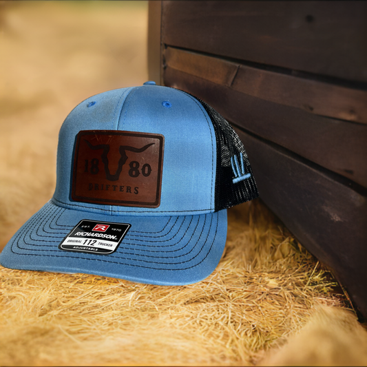 Blue/Black Richardson 112 Snapback with leather patch