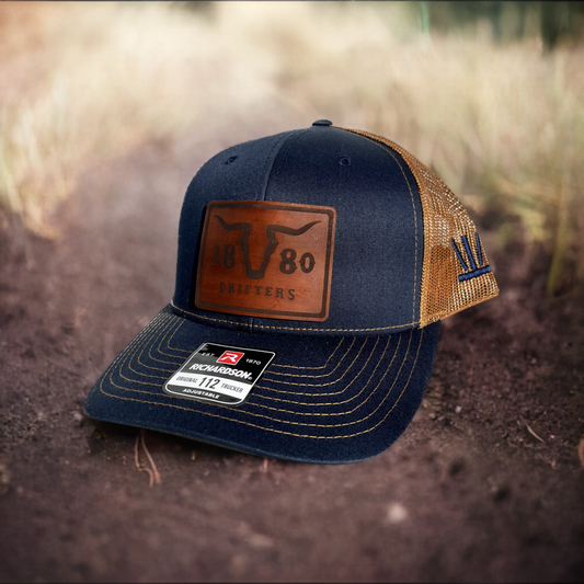 Navy/Caramel Richardson 112 Snapback with leather patch